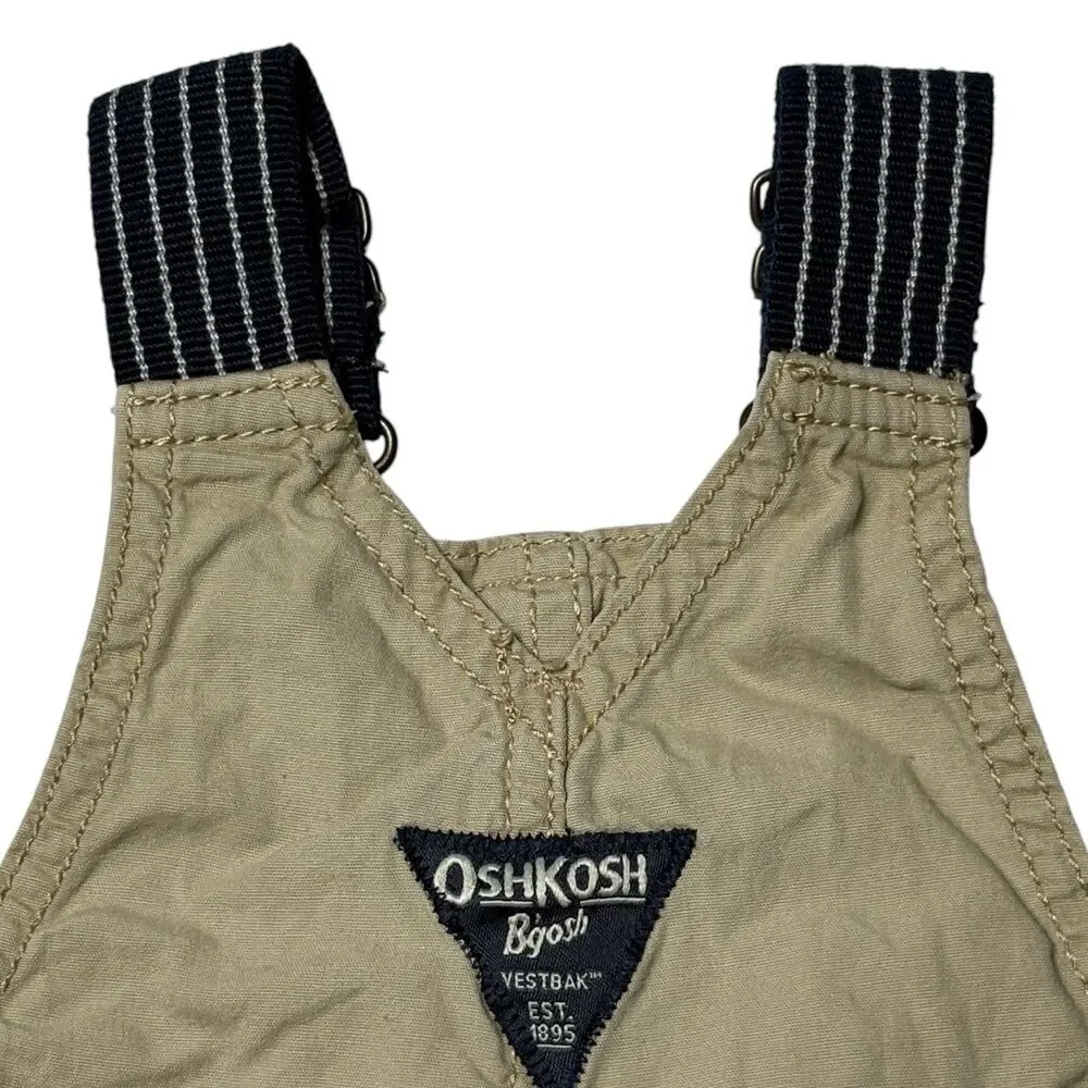OshKosh B’gosh Boys 3M Khaki Shortall Overalls Tan Cotton Adjustable Straps